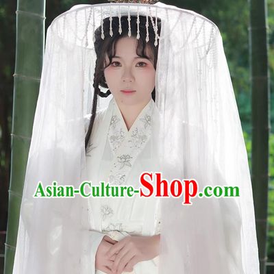 Ancient Chinese Style White Veil Hat Handmade Hanfu Tassel Wei Cap Traditional Bamboo Hat