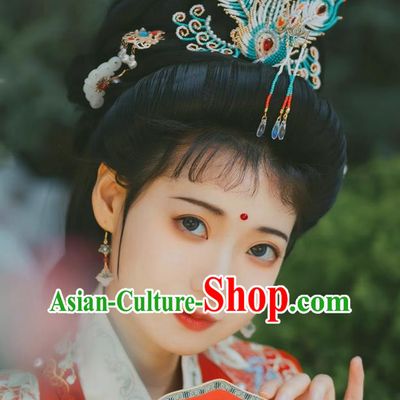 Handmade Blue Phoenix Hairpin Three Tail Rice Pearl Phoenix Crown Ming Dynasty Hanfu Accessory Ancient Chinese Wedding Headdress