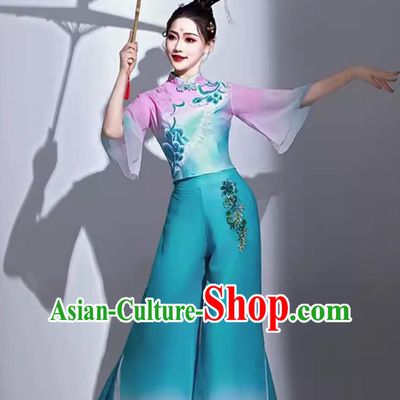 Women Group Dance Costume Chinese Classical Dance Clothing Jiaozhou Yangko Performance Lake Blue Outfit