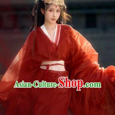 Red Hanfu Ancient Chinese Costume Traditional Women Clothing Wide Sleeve Zhi Ju Warring States Robe
