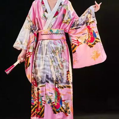 Pink Furisode Kimono Traditional Japanese Costume Geisha Dance Performance Yukata Dress