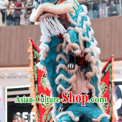 Handmade White Hair Dance Lion Head Traditional Chinese Dancing Lion Equipment Clothing Blue Fut San Lion Dance Costume Complete Set
