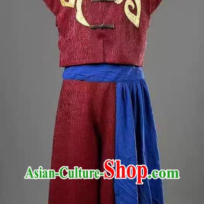 Burgundy Grain Threshing Work Song Performance Costume Harvest Celebration Folk Dance Outfit Chinese Farmer Dancewear