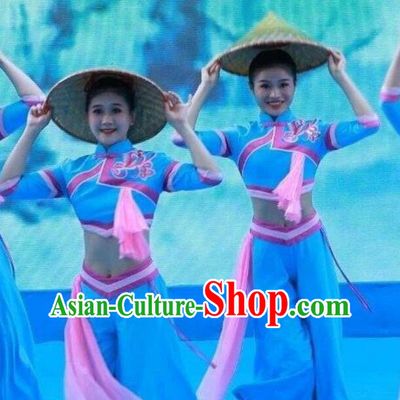 Chinese Folk Dance Clothing Tanka Women Group Dance Outfit Stage Performance Costume and Bamboo Hat Complete Set