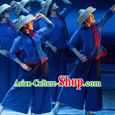 Tanka Women Group Dance Outfit Chinese Folk Dance Clothing Theatrical Dance Blooming Life Costume and Bamboo Hat Complete Set