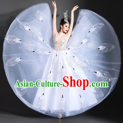 Women Group Dance Clothing Peacock Dance White Dress Yang Liping Spirit Of The Bird Performance Costume