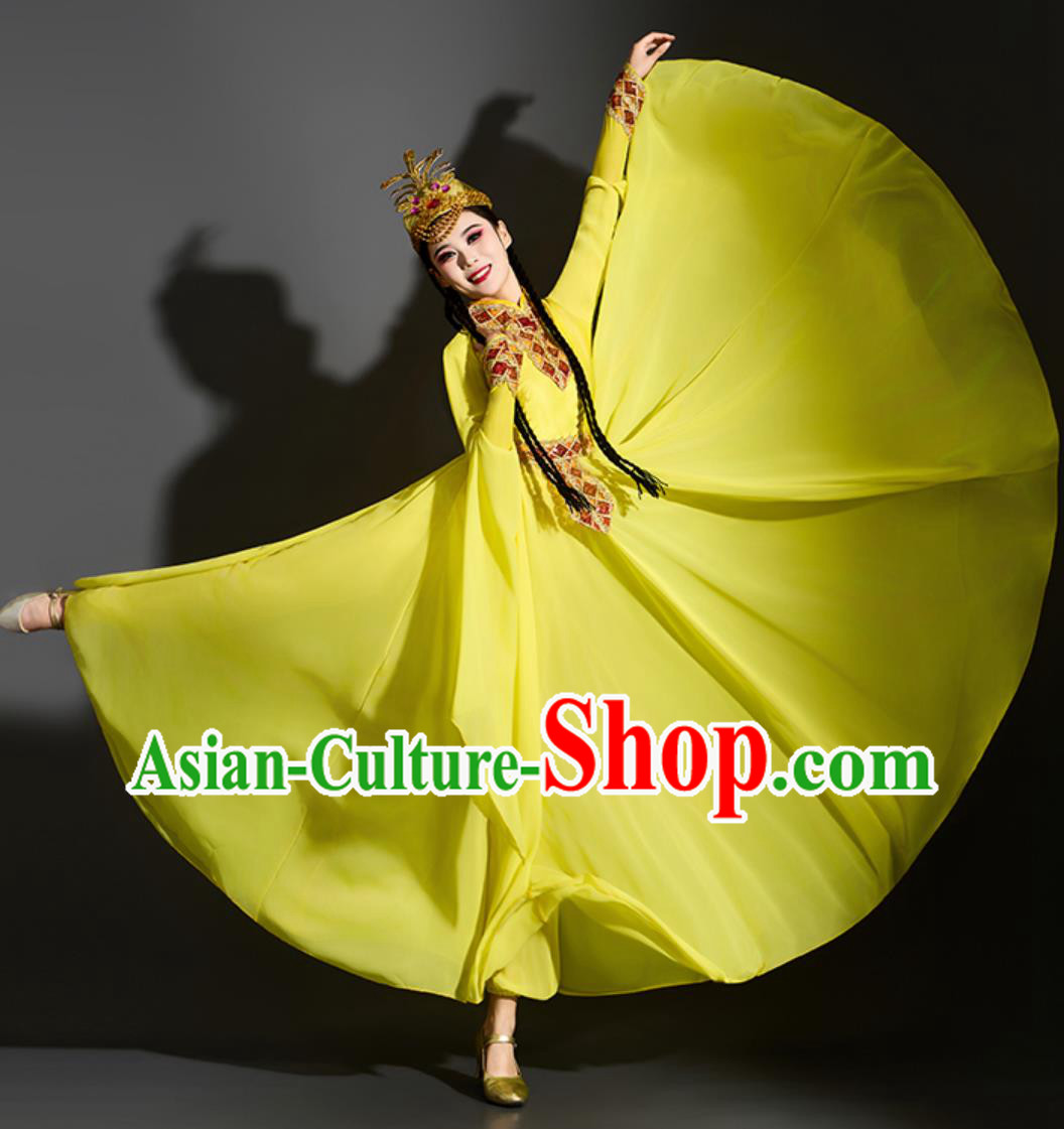 Xinjiang Classical Dance Yellow Dress Chinese Uyghur Ethnic Performance Costume Xinjiang Classical Dance Yellow Dress Chinese Uyghur Ethnic Performance Costume