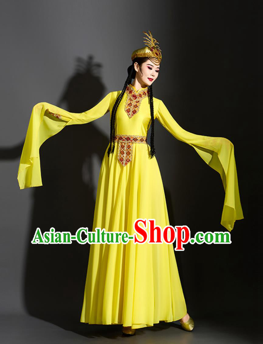 Xinjiang Classical Dance Yellow Dress Chinese Uyghur Ethnic Performance Costume Xinjiang Classical Dance Yellow Dress Chinese Uyghur Ethnic Performance Costume