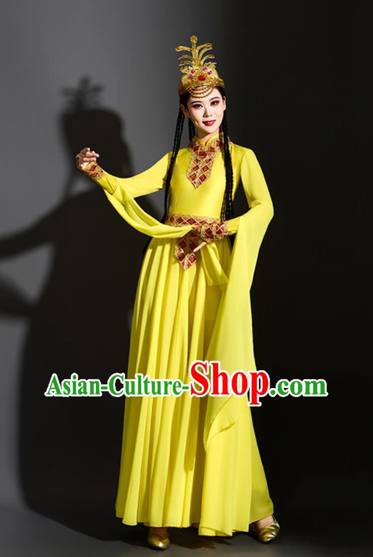 Xinjiang Classical Dance Yellow Dress Chinese Uyghur Ethnic Performance Costume Xinjiang Classical Dance Yellow Dress Chinese Uyghur Ethnic Performance Costume