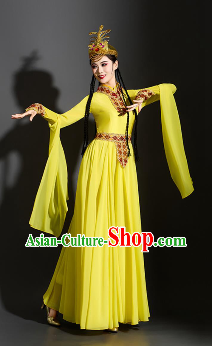 Xinjiang Classical Dance Yellow Dress Chinese Uyghur Ethnic Performance Costume Xinjiang Classical Dance Yellow Dress Chinese Uyghur Ethnic Performance Costume