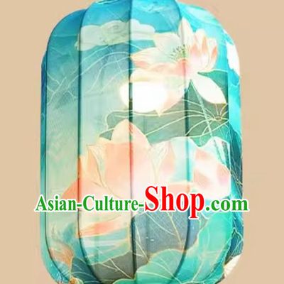 Printed Lotus Blue Lamp Chinese Style Lantern Waterproof Pendant Lantern
