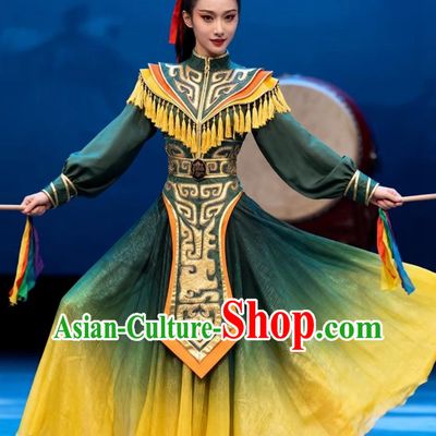 Powerful Drum Performance Costume Women Chinese Style Festive Waist Drum Performance Green Outfit