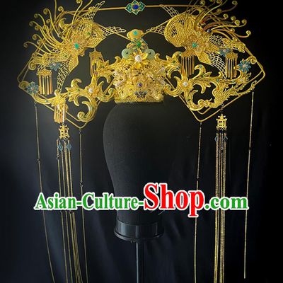Ancient Chinese Court Empress Headgear Handmade Large Winged Manchu Headdress Qing Dynasty Imperial Consort Golden Phoenix Hat