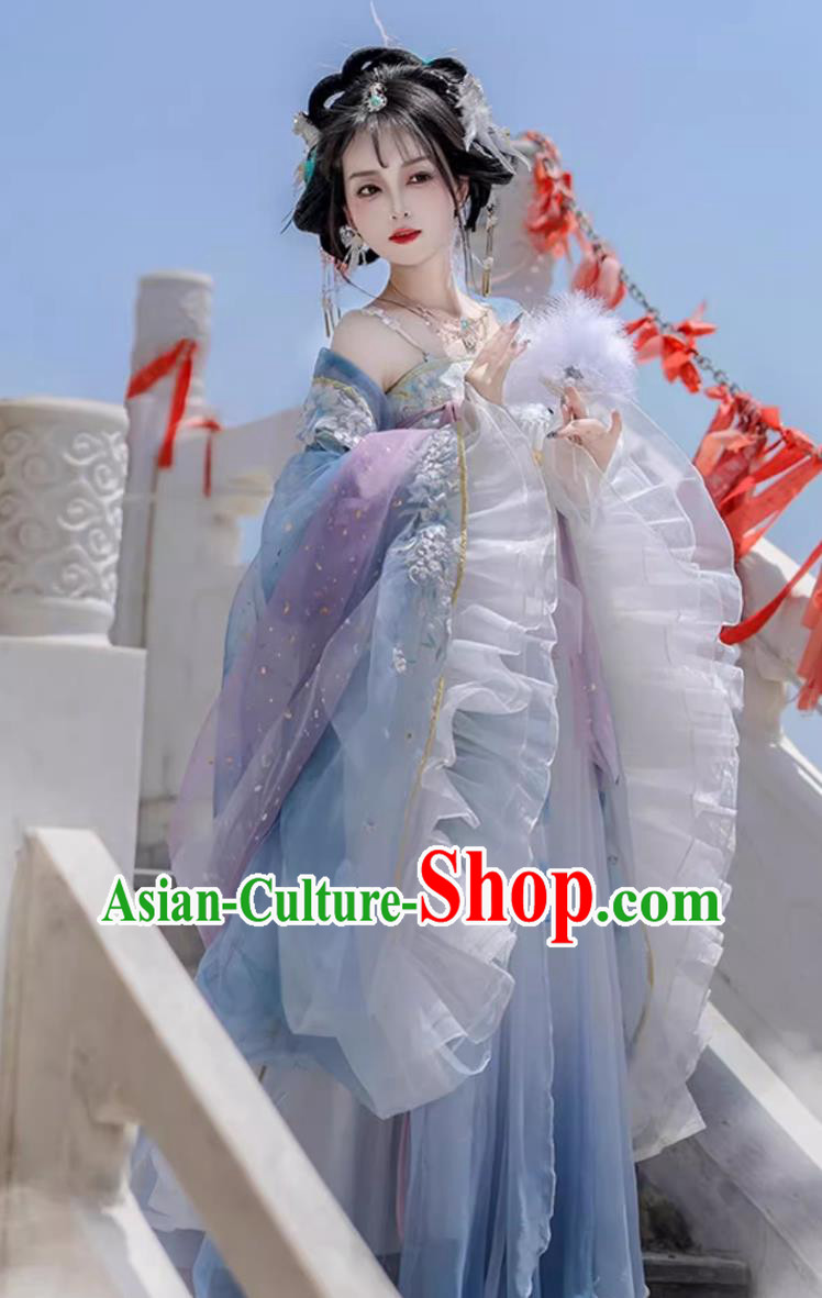 Chinese Blue Hanfu Ruqun Traditional Clothing Tang Dynasty Princess Wide Sleeve Costume Chinese Blue Hanfu Ruqun Traditional Clothing Tang Dynasty Princess Wide Sleeve Costume