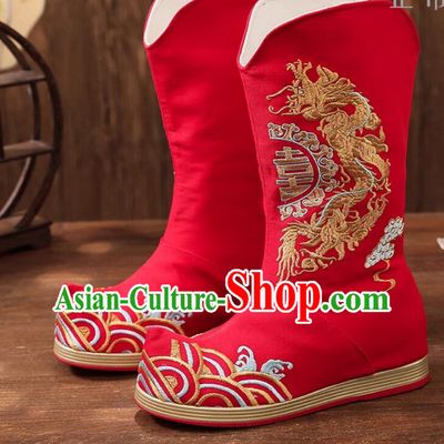 Chinese Handmade Red Boots Embroidered Shoes Traditional New Year Boots