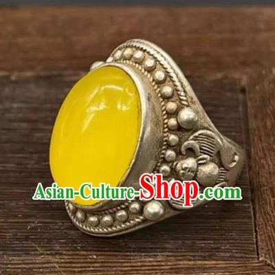 Vintage Miao Silver Carnelian Inlaid Ring Lemon Yellow Agate Stone Ring Chinese Thumb Ring Ethnic Minority Accessory