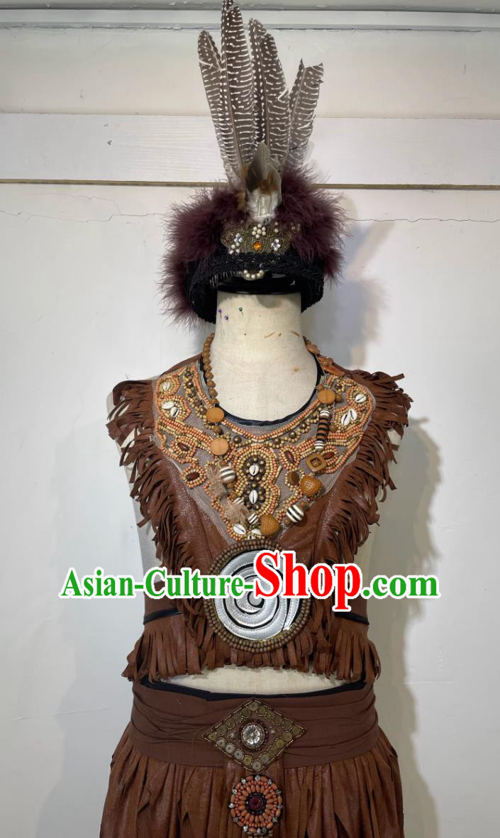 Cosplay Woman Savage Costume Chinese Stone Age King Brown Dress Female Tribal Chief Clothing Cosplay Woman Savage Costume Chinese Stone Age King Brown Dress Female Tribal Chief Clothing