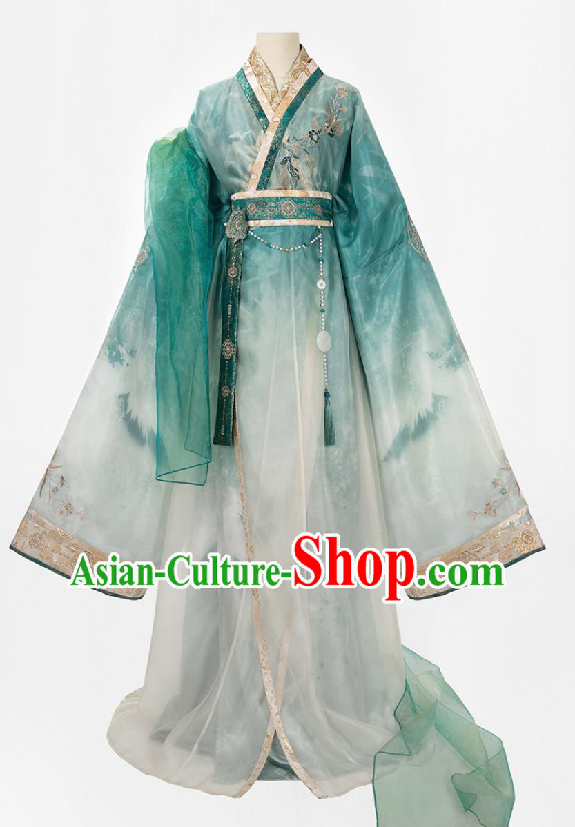 Green Warring States Robe Traditional Chinese Hanfu Women Embroidery Straight Hem Dress Princess Clothing Green Warring States Robe Traditional Chinese Hanfu Women Embroidery Straight Hem Dress Princess Clothing