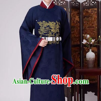 Legend of Zang Hai Performance Costume Ancient Chinese Official Dark Blue Hanfu Robe Ming Dynasty Chancellor Gown