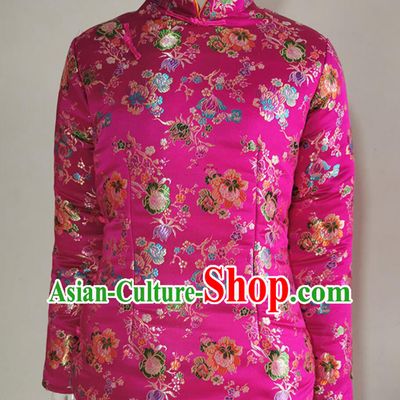 Pink Brocade Women Side Front Closure Cotton Padded Jacket Top Handmade Thickened Tang Suit Stand Collar Coat