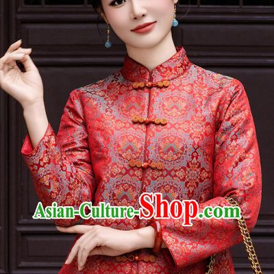 Classic Mulberry Silk Song Brocade Upper Outer Garment Thickened Cotton Padded Red Tang Jacket