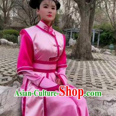 Traditional China Manchu Clothing Ancient Qing Dynasty Empress Pink Dress Chinese 2002 TV Series Xiao Zhuang Mi Shi Da Yuer Costume