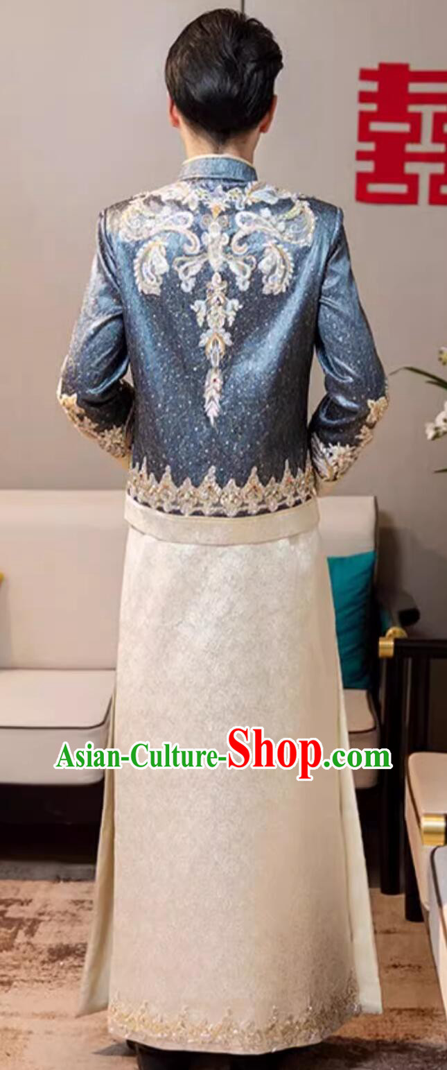 Traditional Chinese Wedding Dress Bridegroom Garment Embroidered Blue Mandarin Jacket and Robe Traditional Chinese Wedding Dress Bridegroom Garment Embroidered Blue Mandarin Jacket and Robe