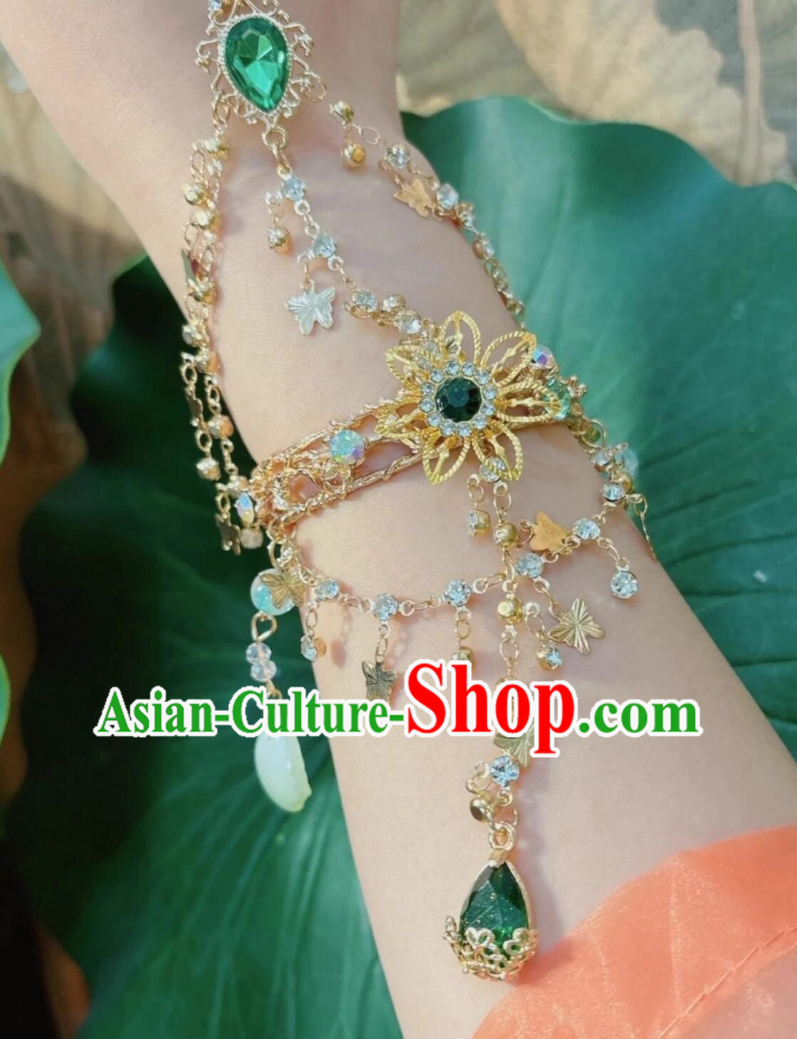 Traditional Chinese Hanfu Jewelry Ancient Princess Green Bracelet with Flower Ring Traditional Chinese Hanfu Jewelry Ancient Princess Green Bracelet with Flower Ring