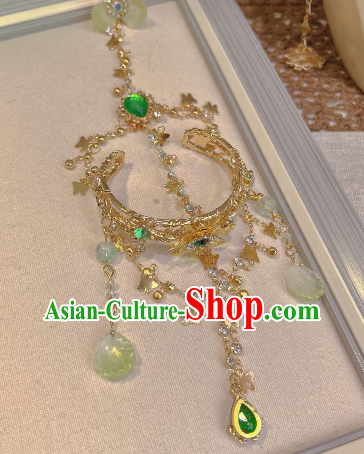 Traditional Chinese Hanfu Jewelry Ancient Princess Green Bracelet with Flower Ring Traditional Chinese Hanfu Jewelry Ancient Princess Green Bracelet with Flower Ring