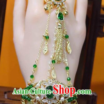 Ancient China Fairy Princess Green Bracelet with Ring Traditional Chinese Hanfu Jewelry