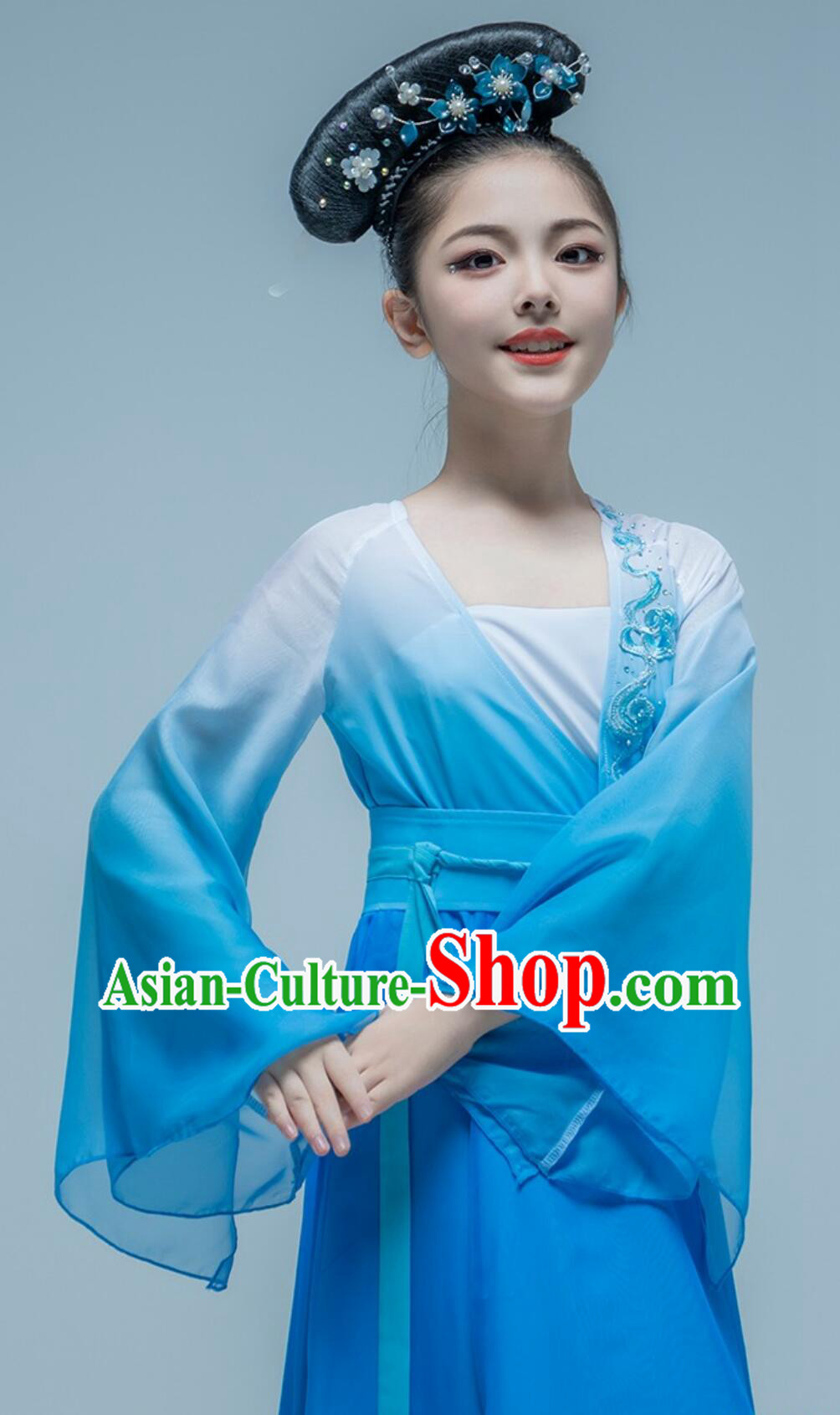 Women Group Classical Dance Costume Chinese Dance Contest Qingshan Yuandai Blue Dress