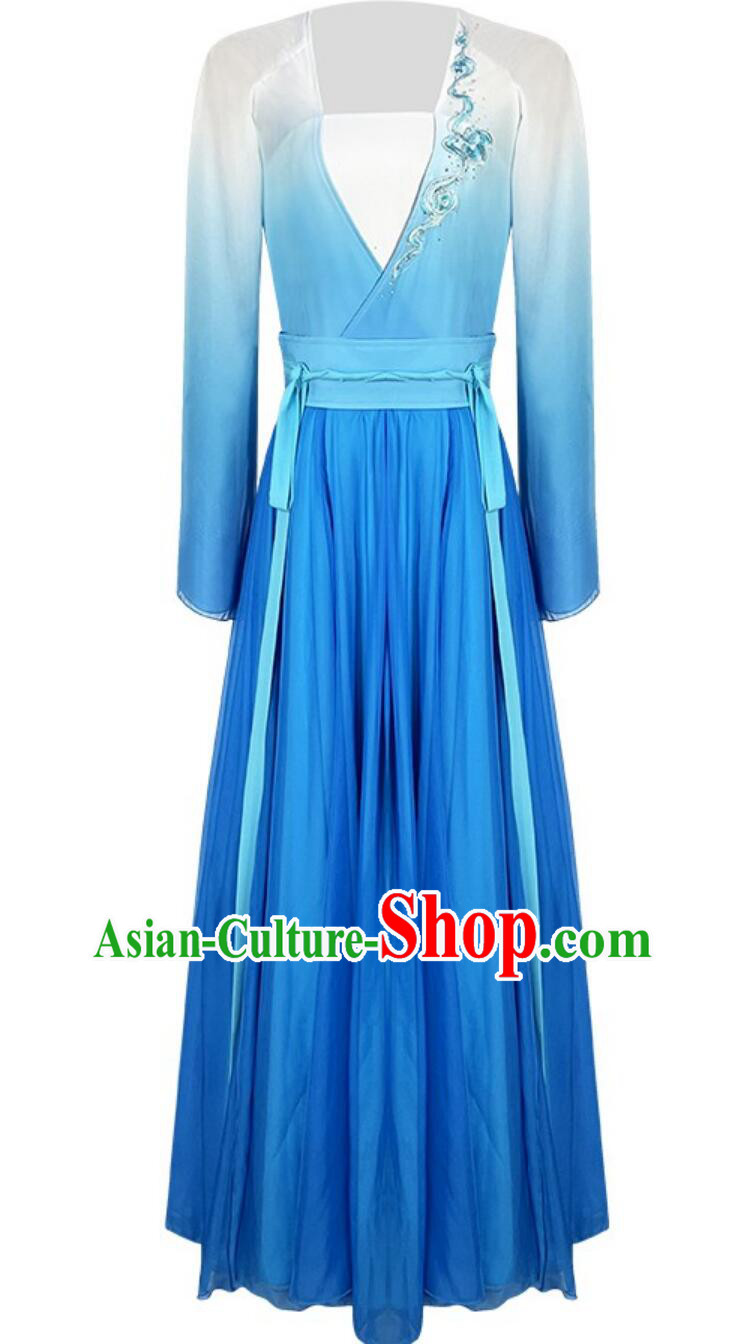 Women Group Classical Dance Costume Chinese Dance Contest Qingshan Yuandai Blue Dress