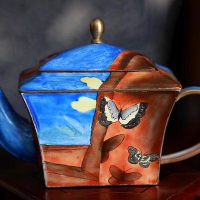 Chinese Hand Painted Enamel Craft Cloisonne Teapot Collection Dancing Butterflies