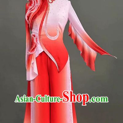 Womens Jiaozhou Hibiscus Yangko Dance Costume Jiu Er Chinese Style Stage Performance Red Uniform