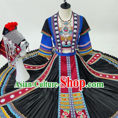 Chinese Ethnic Performance Costume Hani Miao Women Stage Performance Dance Dress