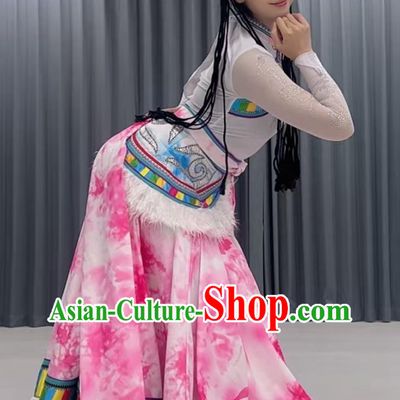 Tibetan Laundry Song Ethnic Dance Costume Chinese Zang Nationality Dance Clothing Pink Flared Dress