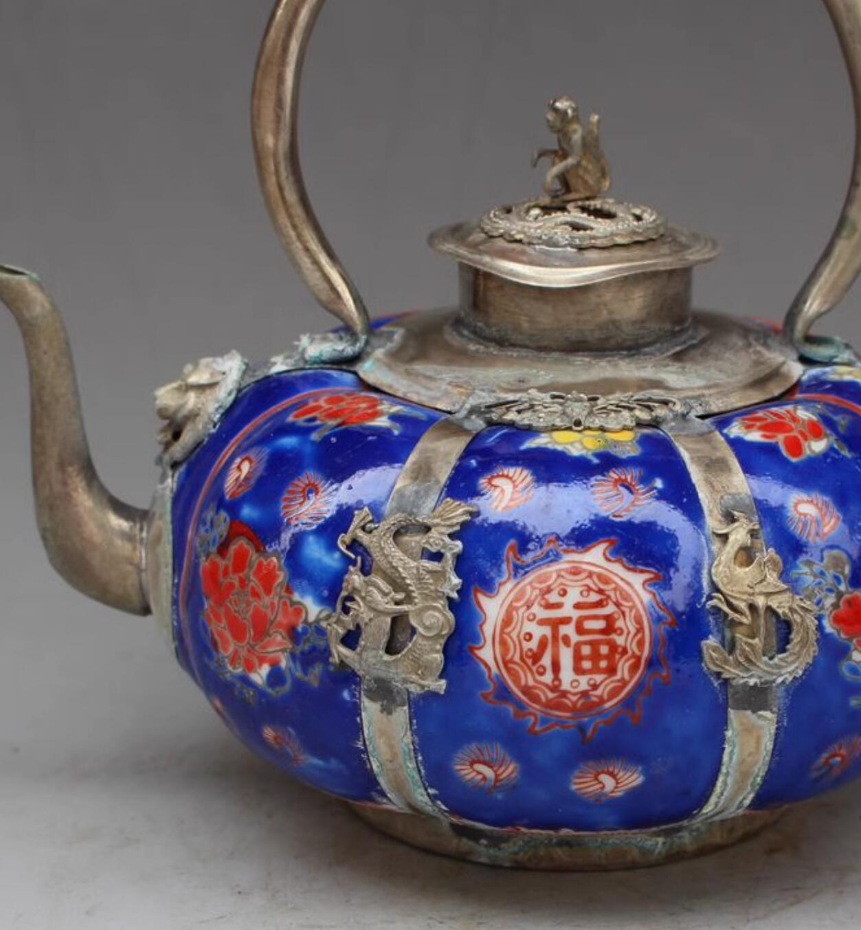 Chinese Traditional Enamel Craft Blue Cloisonne Teapot Dragon and Phoenix Bringing Prosperity Chinese Traditional Enamel Craft Blue Cloisonne Teapot Dragon and Phoenix Bringing Prosperity