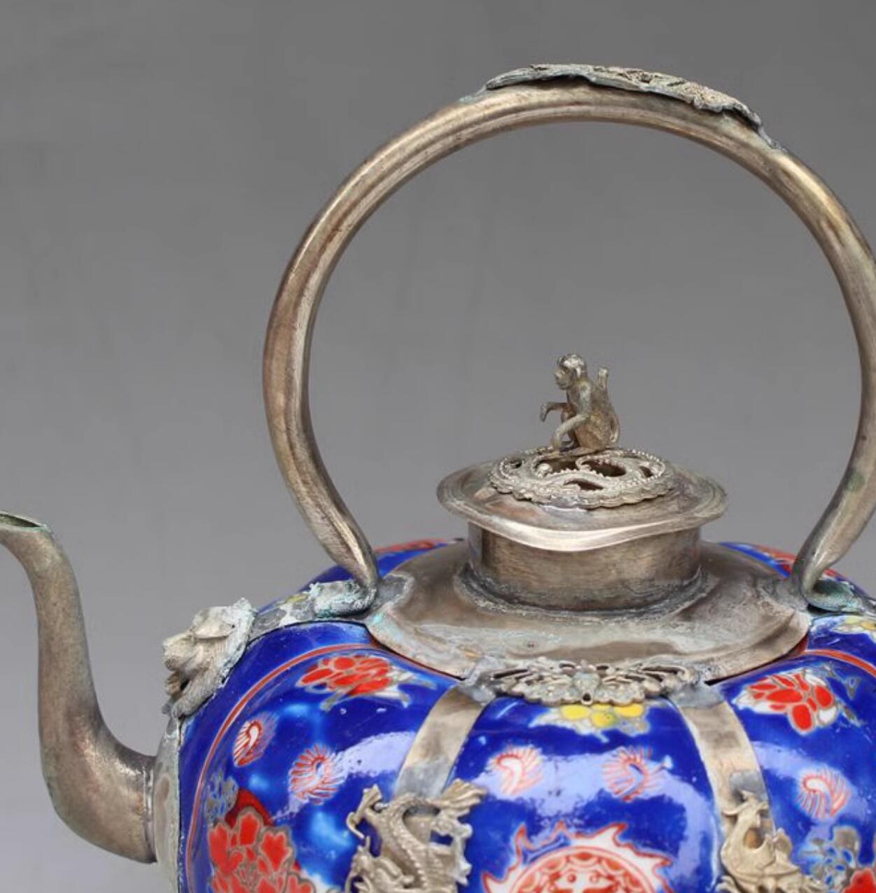 Chinese Traditional Enamel Craft Blue Cloisonne Teapot Dragon and Phoenix Bringing Prosperity Chinese Traditional Enamel Craft Blue Cloisonne Teapot Dragon and Phoenix Bringing Prosperity