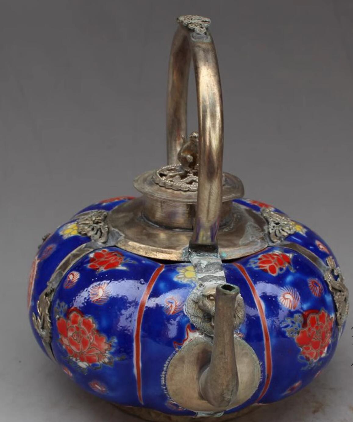 Chinese Traditional Enamel Craft Blue Cloisonne Teapot Dragon and Phoenix Bringing Prosperity Chinese Traditional Enamel Craft Blue Cloisonne Teapot Dragon and Phoenix Bringing Prosperity