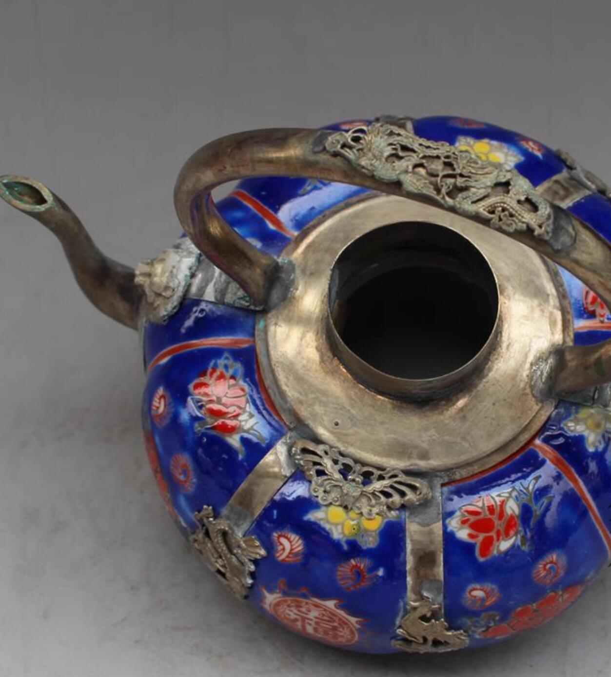 Chinese Traditional Enamel Craft Blue Cloisonne Teapot Dragon and Phoenix Bringing Prosperity Chinese Traditional Enamel Craft Blue Cloisonne Teapot Dragon and Phoenix Bringing Prosperity