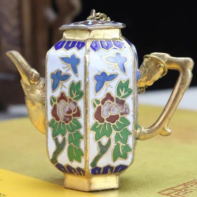 Chinese Traditional Enamel Craft Cloisonne Mini Teapot Butterfly Loves Flower
