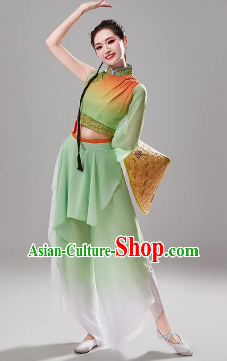 Women Group Bamboo Hat Dance Green Uniform Chinese Folk Dance Clothing Traditional Yangko Dance Costume