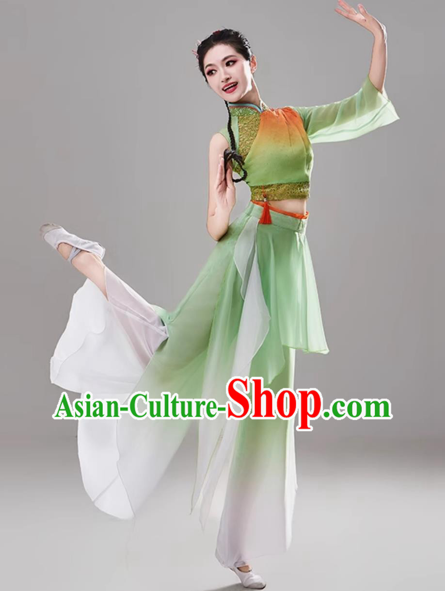 Women Group Bamboo Hat Dance Green Uniform Chinese Folk Dance Clothing Traditional Yangko Dance Costume