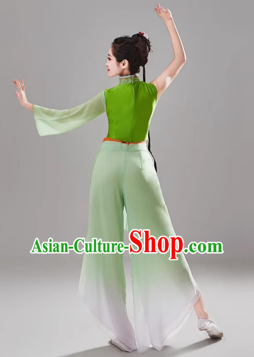 Women Group Bamboo Hat Dance Green Uniform Chinese Folk Dance Clothing Traditional Yangko Dance Costume