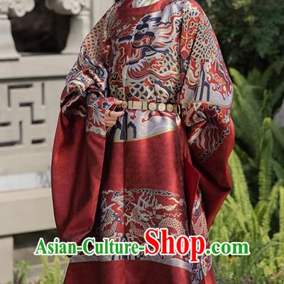 Traditional Chinese Ming Dynasty Male Historical Costume Hanfu Red Brocade Robe Ancient China Wedding Attire