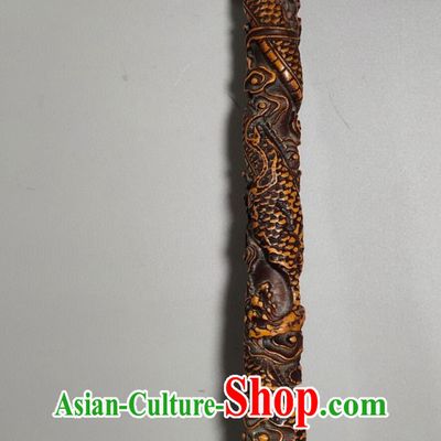 Chinese Hand Carved Cloud Dragon Cane Peach Wood Crutch