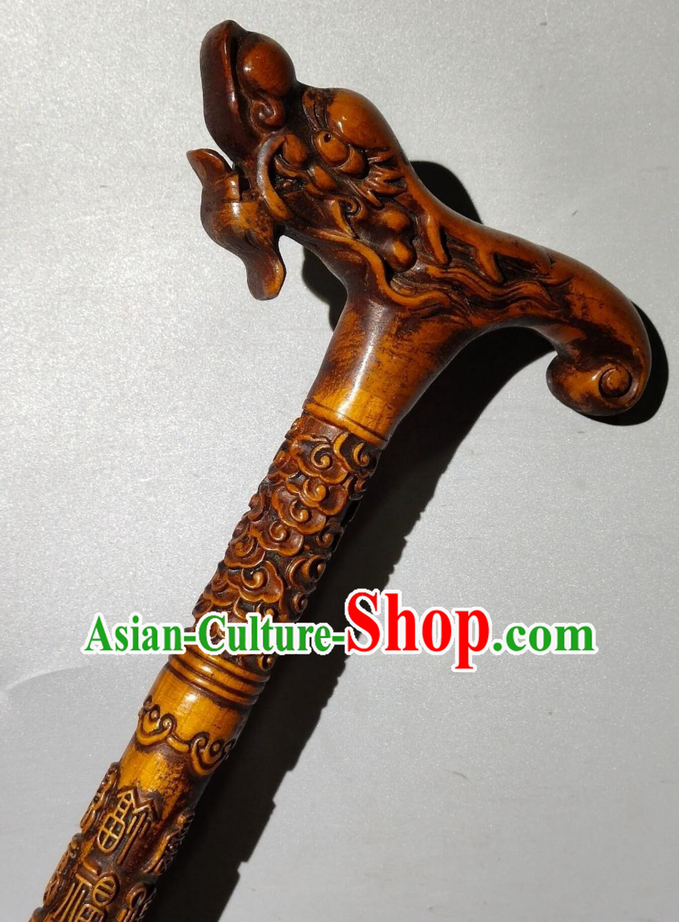 Chinese Hand Carved Cloud Dragon Cane Peach Wood Crutch Chinese Hand Carved Cloud Dragon Cane Peach Wood Crutch