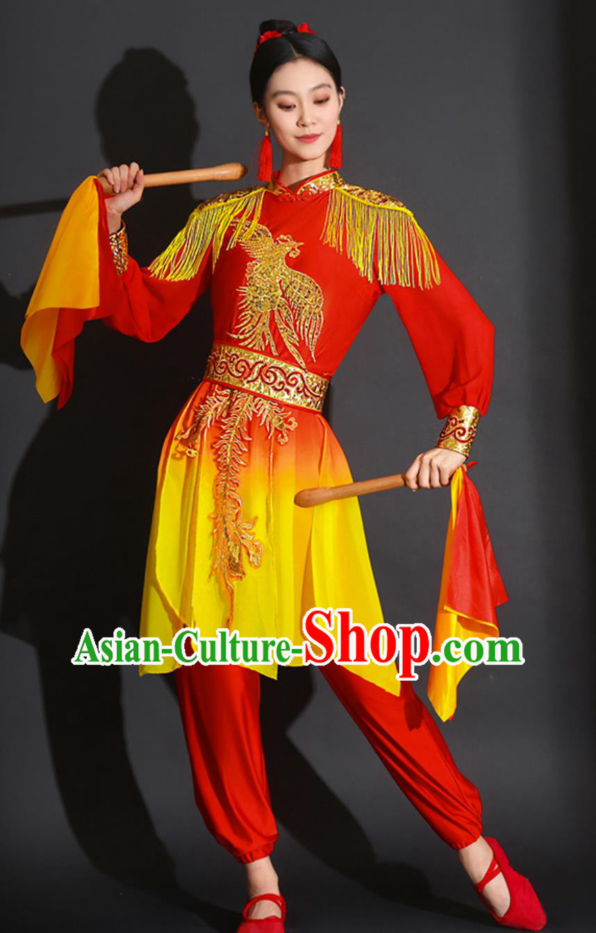 Chinese Drum Performance Red Outfit Majestic Percussion Team Festive Costume
