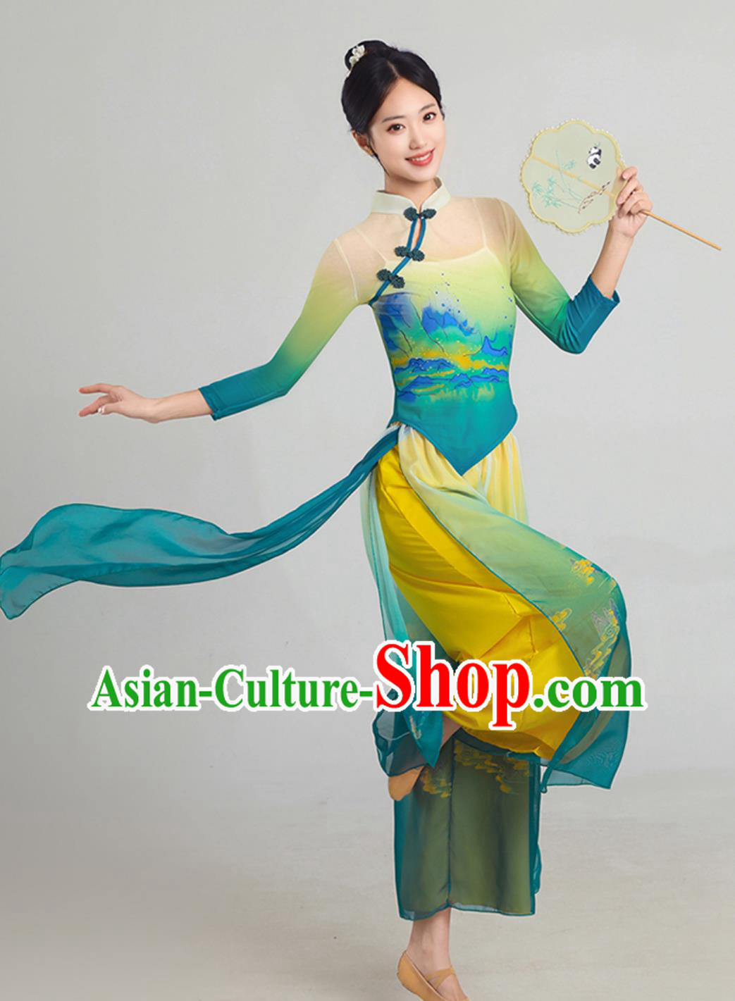 Han Tang Style Classical Dance Outfit Green Blue Cheongsam Chinese Dance Practice Costume Han Tang Style Classical Dance Outfit Green Blue Cheongsam Chinese Dance Practice Costume