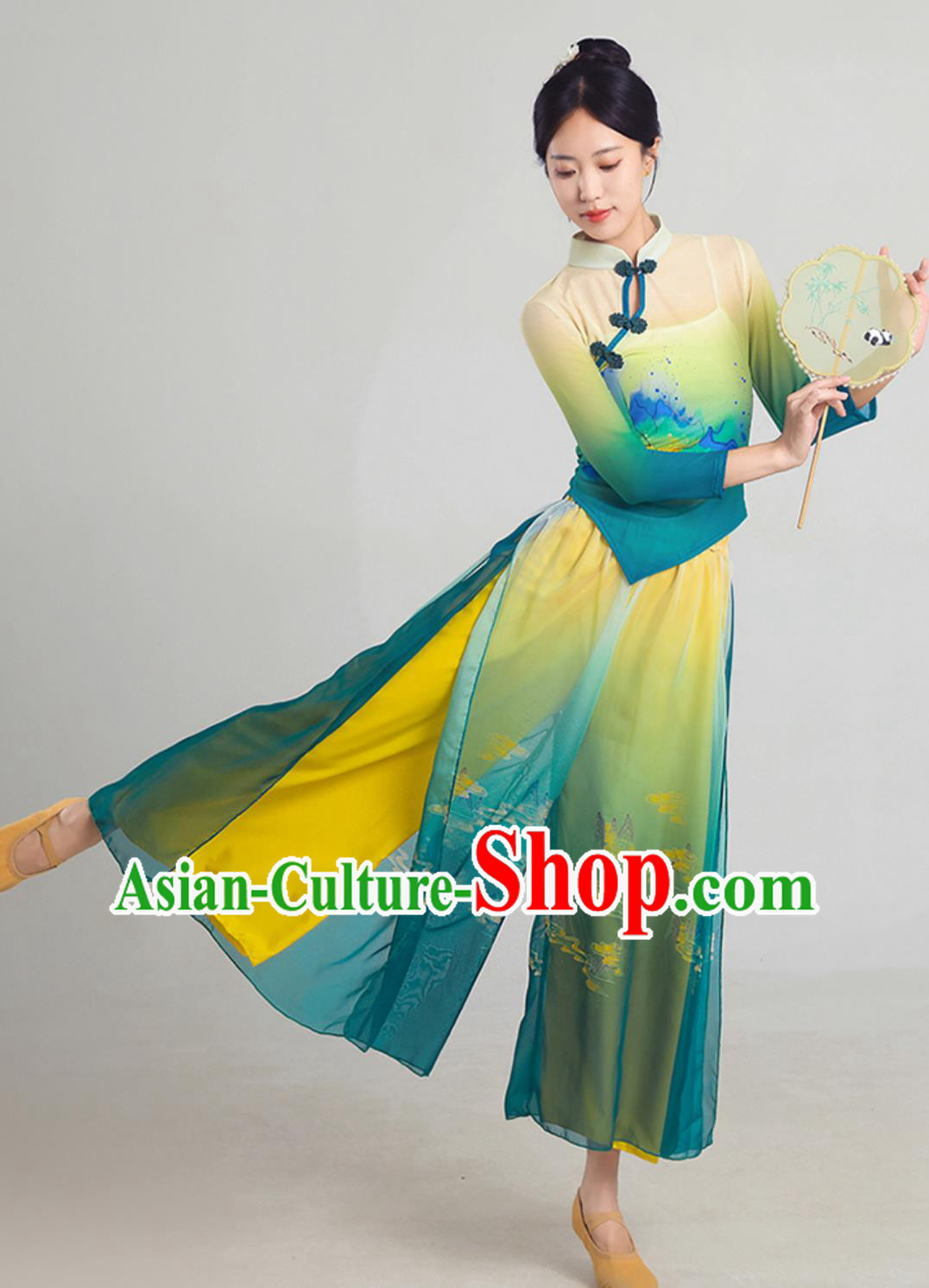 Han Tang Style Classical Dance Outfit Green Blue Cheongsam Chinese Dance Practice Costume Han Tang Style Classical Dance Outfit Green Blue Cheongsam Chinese Dance Practice Costume